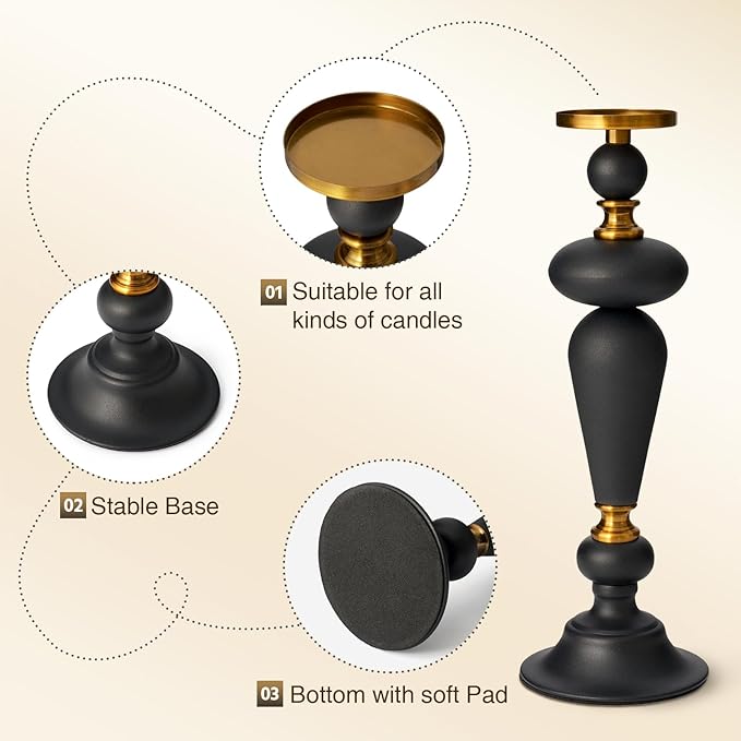 Taper Metal Candle Holder for Modern Vintage Luxury Decor, Matte Black & Antique Brass Iron Pillar Candle Stick Holder for Dining Table, Mantel Decor, Housewarming Gift