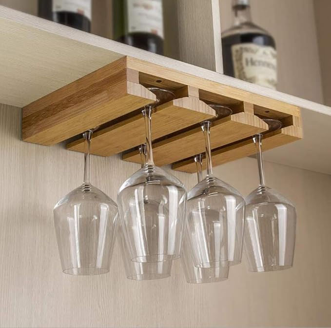 RIIPOO Wine Glass Rack Hangers Under Cabinet, Bamboo Wine Glasses Holders Under Shelf, Under Counter Wine Glass Holder for Home Kitchen & Bar Storage