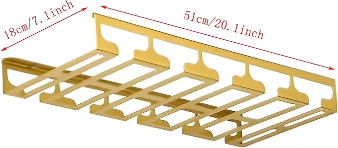 Wine Glass Holder Under Cabinet, Gold Metal Wine Glass Hanger, Hanging Stemware Rack with Screws for Bar Kitchen (Color : A, Size : 20inch/51cm)