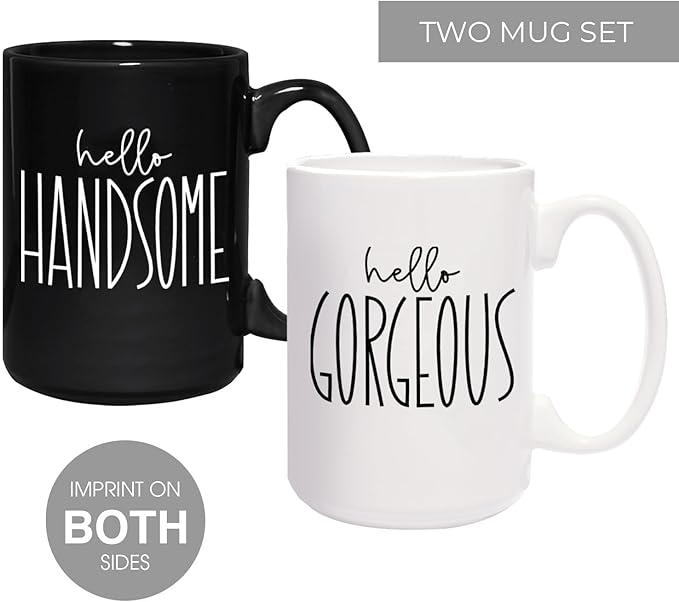 Hello Handsome Hello Gorgeous Mugs / 2 Jumbo 15 Ounce Black And White Matching Husband Wife Ceramic Mugs / Newlywed Couples Wedding Coffee Cup Present Set / Relationship Anniversary Cup Pair