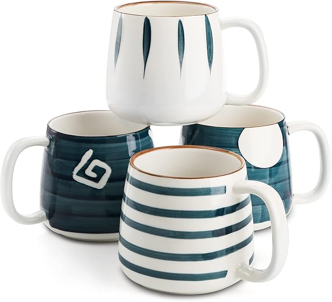 DEAYOU Set of 4 Porcelain Coffee Mugs, 17 Oz Ceramic Coffee Cups with Handles, Large Hand-Painted Tea Cups for Cappucino, Milk, Latte, Cocoa, Hot or Cold Drinks, Microwave & Dishwasher Safe