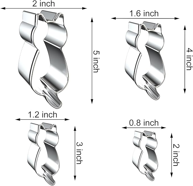 Cat Cookie Cutter Set - 5 inch, 4 inch, 3 inch, 2 inch - 4 Piece Cat Body Cookie Cutters Shapes Molds - Stainless Steel