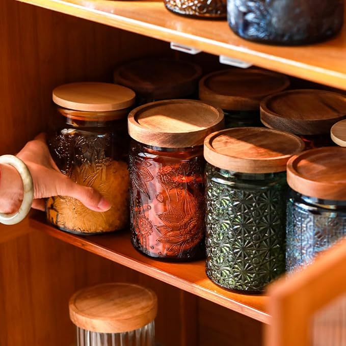 ANSQU Set of 2 Vintage Glass Kitchen Storage Counter Jar, 23.7 FL OZ Candy Jars with Lids, Coffee Container for Ground Coffee, Mason Jar Hold Tea, Sugar, Bath Salts & More (Amber, 2 Pack)