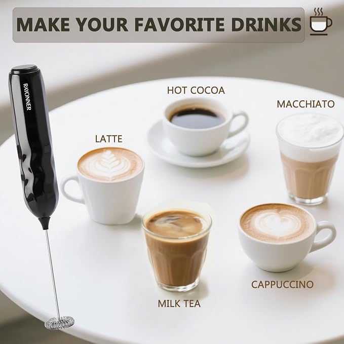RAYONNER Milk Frother Handheld Fast Powerful Drink Mixer with Stainless Steel Whisk for Coffee (2Pack Black with Stand)