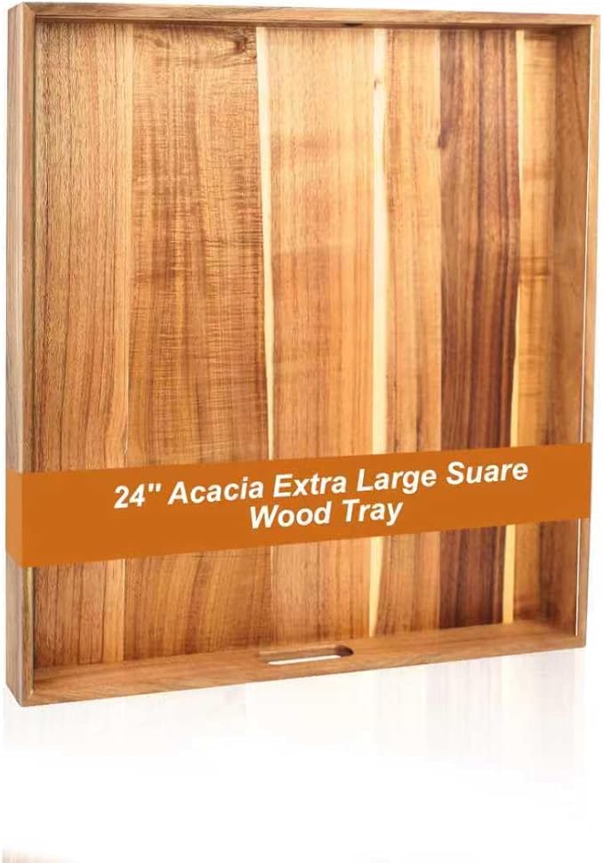 24'' Extra Large Square Wood Tray - Acacia Wood Ottoman Tray with Handles, Rustic Serving Tray for Living Room, Kitchen and Coffee Table, Wooden Trays for Ottoman,Ottoman Table Topper