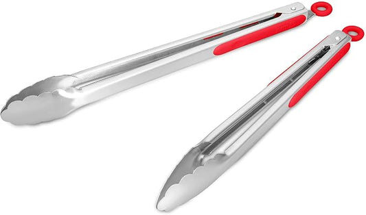 304 Stainless Steel Kitchen Cooking Tongs, 12" and 14" Set of 2 Sturdy Grilling Barbeque Brushed Locking Food Tongs with Ergonomic Grip, Red