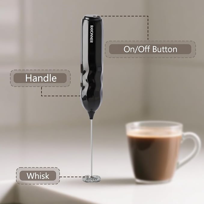 RAYONNER Milk Frother Handheld Fast Powerful Drink Mixer with Stainless Steel Whisk for Coffee (2Pack Black with Stand)