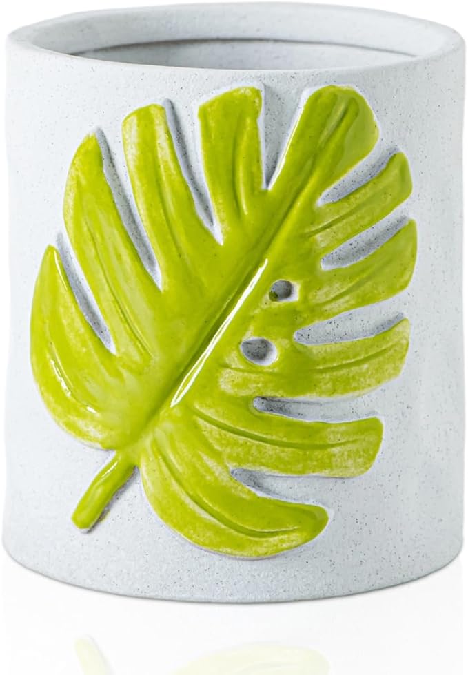 dgudgu Leaf Kitchen Utensil Holder For Countertop White Ceramic Utensil Crock For Counter 3D Green Oak Leaf Design Easy-Grip Textured Kitchen Countertop Organizer For Spoons Spatulas Cooking Tools