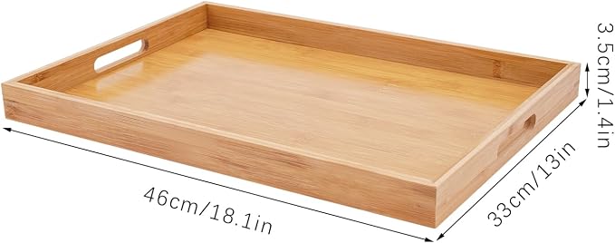 A Set of 4 Food Tray Wooden Tray 6.61-11.02lbs Load Rectangular Kitchen Tray Bamboo Serving Tray with Handles for Restaurant Barbecue Fruits, Cakes, Drinks (18.1 * 13 * 1.4in)