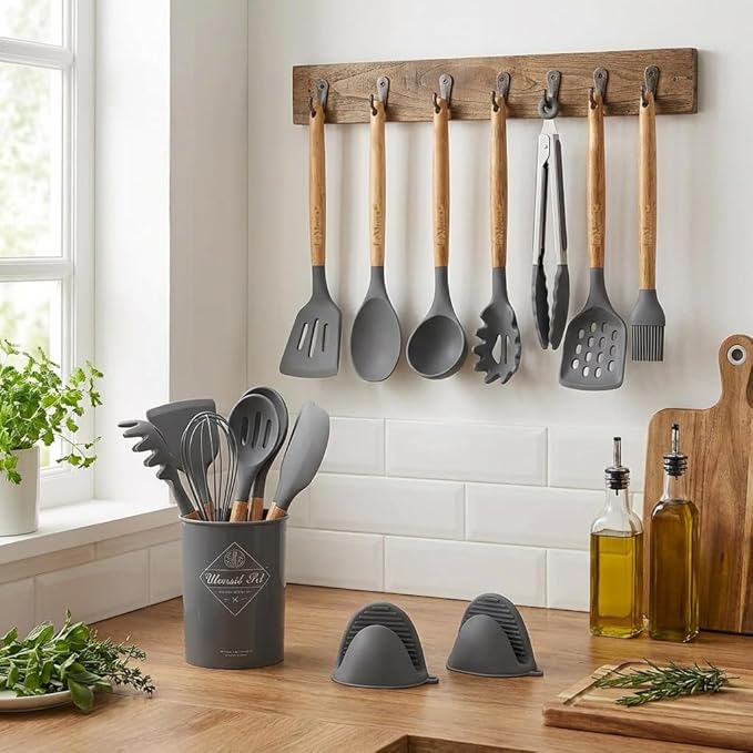 Silicone Cooking Utensils Set, Kitchen Utensils for Cooking with Holder, Wooden Handle Silicone Utensils Spatula Set, Heat Resistant, BPA Free, Non Toxic Kitchen Gadgets, Gray