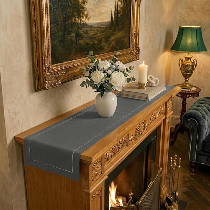Signature Linen™ by D'Moksha Charcoal Grey Table Runner 60 Inches, 100% Pure Linen, Hemstitch, Coffee Table Runner, 14 x 60 Inch for Dresser Tables- Summer, Father's Day