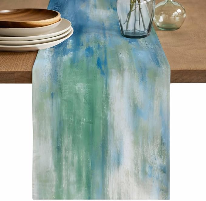 Blue Green Table Runners 60 Inches Long, Cotton Linen Fabric Table Runner Dresser Scarf, Modern Abstract Minimalist Texture Watercolor Tablerunner for Party/Kitchen/Dinner/Wedding Decor 13"x60"