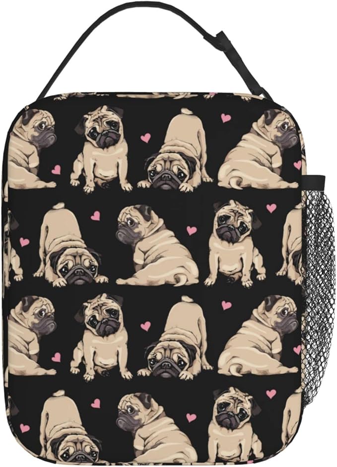 Gianlaima Pug Cute Black Cool Fuuny puppy Dog Love Insulated Lunch Box For Women Man, Portable Lunch Bag Reusable Cooler Tote For Office Work Travel Picnic Camping Beach