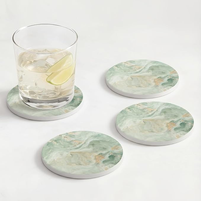 Set of 6 Sage Green Marble Coasters with Holder,Absorbent Ceramic Coasters for Drinks, Coasters with Cork Backing for Table Protection, Housewarming Gifts for New Home