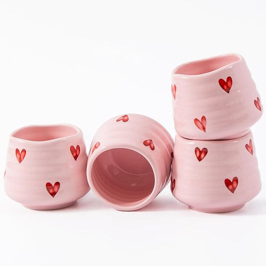 4pcs Japanese Tea Cup Set – Mini Size Cup 5OZ Ceramic Matcha Cup, Handless Espresso Cups, Cute Small Coffee Mugs for Coffee Tea Lovers, Dishwasher & Microwave Safe (Pink Love)
