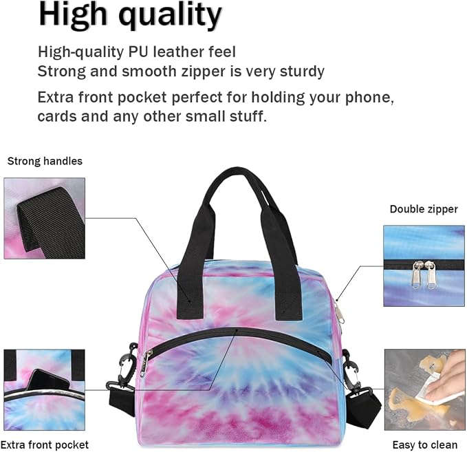 Tie Dye Pink Insulated Lunch Bags for Women Girls Adult Ethnic Reusable Lunch Tote Therma Cooler Bag with Shoulder Strap Lunch Box for School Work Office Picnic Meal Prep Bag