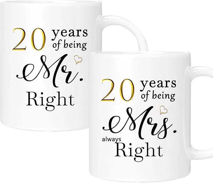 20th Anniversary Coffee Mugs Set of 2, 20 Year Anniversary Wedding Gifts Decorations for Couple Parents Men Women Husband Wife Him Her, Gift Box Packaging, 11oz