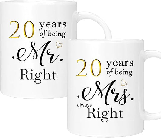 20th Anniversary Coffee Mugs Set of 2, 20 Year Anniversary Wedding Gifts Decorations for Couple Parents Men Women Husband Wife Him Her, Gift Box Packaging, 11oz