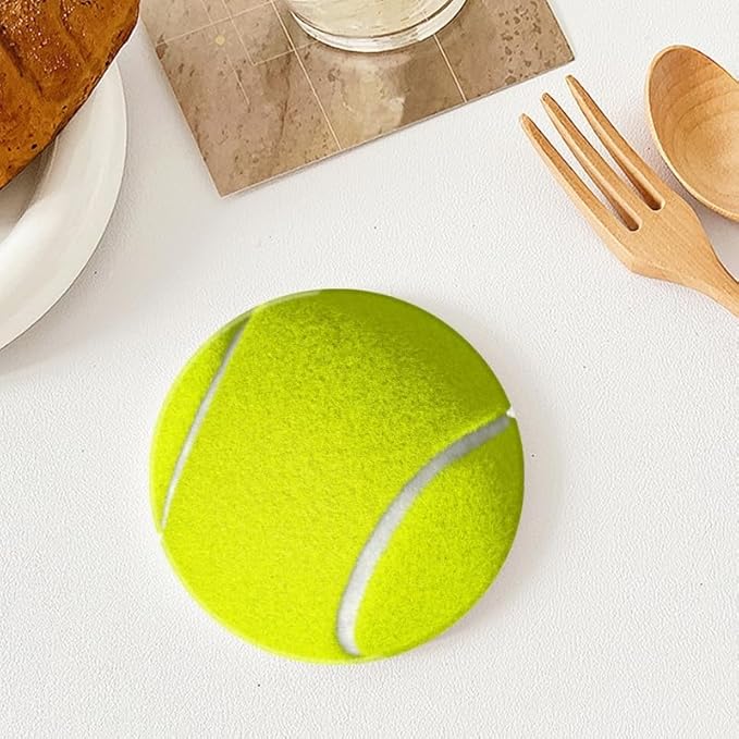 Round Ceramic Stone Cork Drink Coasters, Tennis Ball with White Line Absorbent Removable Non-Slip Cup Mat Place for Kitchen Counter Drinks Coffee Cup Tableware Set of 1 (4 * 4 Inch)