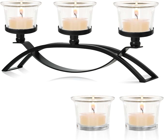 3-Arm Metal Tea Light Candle Holder Set with 5 Glass Cups, Votive Candle Holders Centerpiece Candelabra for Wedding Table Decor, Home Gatherings and Holidays (Black, 5 Cups)
