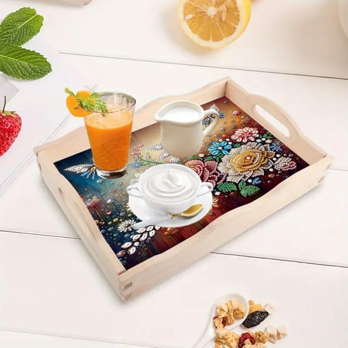 DIY Diamond Serving Tray Diamond Art Painting Creative Design Handmade Wooden Tray Dinner Plate for Coffee Breakfast Home Organizer-Butterfly Flower01