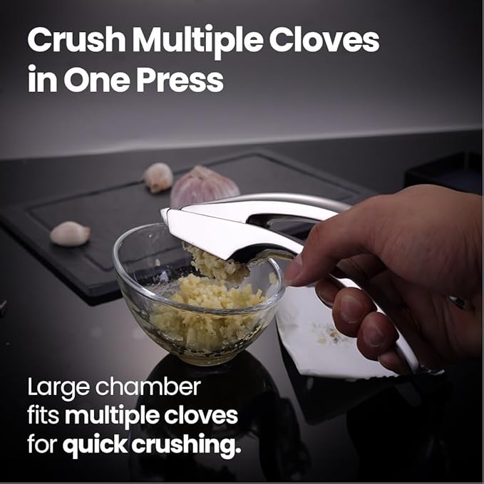No Peeling Required Garlic Press Stainless Steel with Detachable Handle for Coarse Mincing - Premium Garlic Mincer Tool, Rust-Proof, Easy to Clean, Dishwasher Safe Garlic Crusher, Lifetime Replacement