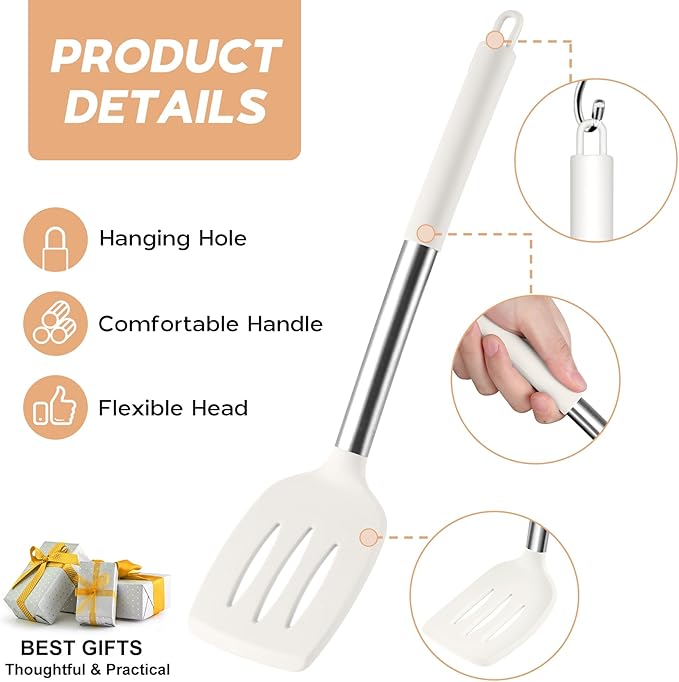 Onader Silicone Kitchen Utensils Set, 15pcs White Silicone Cooking Utensils Set with Holder, Includes Heat Resistant Spatula Turner Spoon Whisk Tong