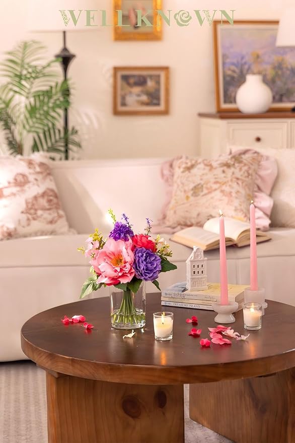 WELL KNOWN Artificial Flowers in Vase with Fake Water, Pink & Purple Silk Flowers Fake Ranunculus Peonies Lilac Bouquet for Home Wedding Party Dining Table Baby Shower Decor & Birthday Gift (Violet)