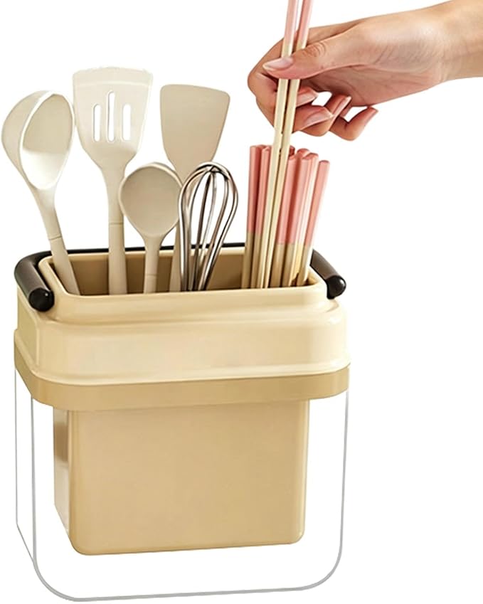 Utensil Holder, Non Slip Kitchen Cutlery Drainer, 6.92x6.92x4.76 Inches Large Drying Rack Container, Multi Slot Spoon Fork Storage Organizer, Kitchen Sink Countertop Caddy, Use for Home Restaurant