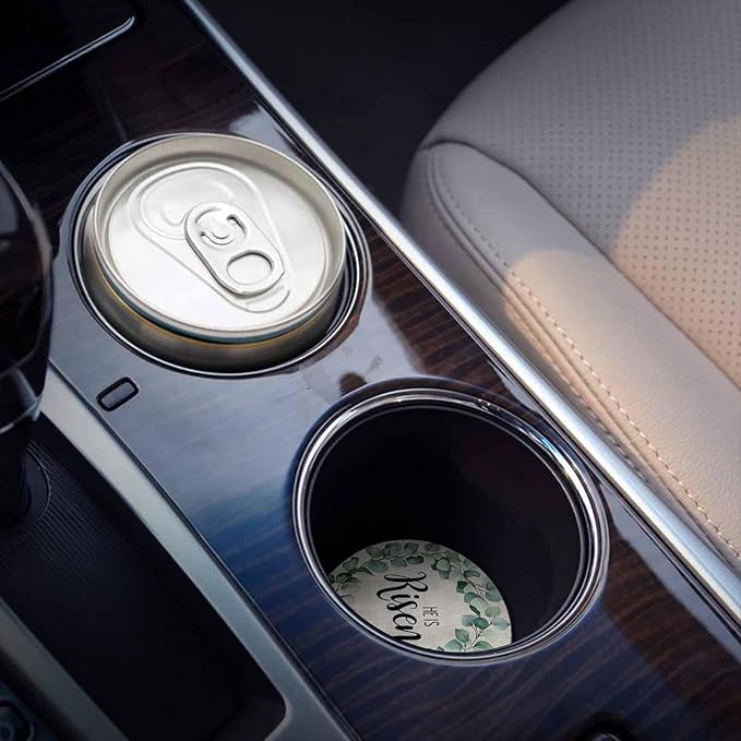 Car Coasters for Cup Holders 2.6"Dia Absorbent Coasters Set of 4 Car Interior Accessories for Women Men Spring Summer Eucalyptus Leaves Linen Bottom Ceramic Car Coaster for Drinks with Finger Grooves