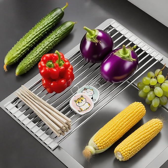 Roll Up Dish Drying Rack Over Sink Drying Rack Sink Cover Kitchen Sink Accessories Multipurpose Organizer Foldable Stainless Steel Drainer (12 Rods)