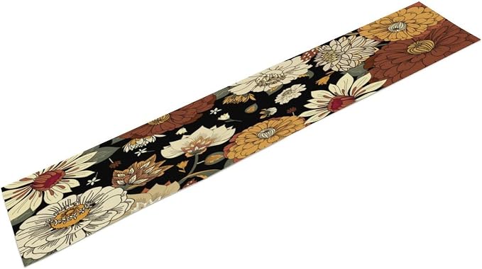 Boho Mandala Flower Table Runner, Vintage Rustic Hippy 70s Old Indian Botanicals Floral Leaves Table Decor Table Top Dining Kitchen Wedding Party 13x90 in