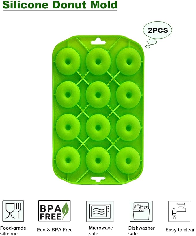 Mini Donut Pan for Baking, 2 Pack Donut Mold Silicone Doughnut Pan for Making Donut, Bagels, Cake, BPA Free, Green