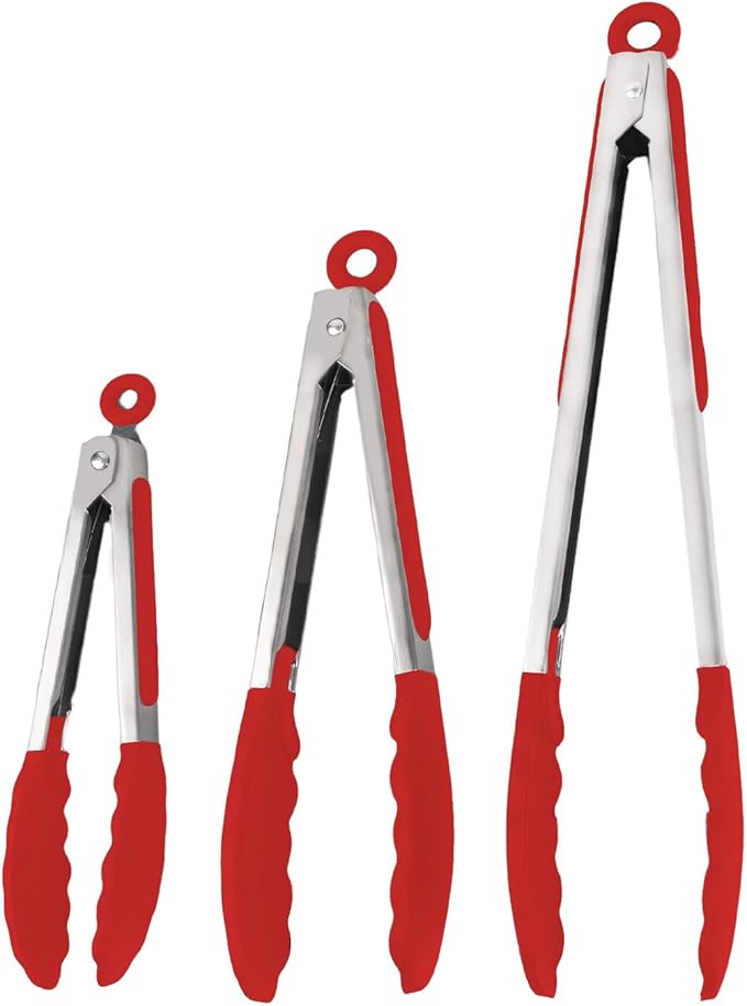 Kitchen Tongs with Silicone Tips, Kitchen Tongs, Cooking Tongs, Premium Stainless Steel Locking Cooking Tongs, Non-Slip Food Tongs for Cooking, Heavy Duty, Non-Stick, 480℉, Set of 3-7"/9"/12" Red