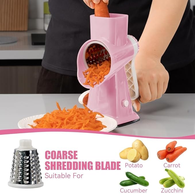KEOUKE Rotary Cheese Grater Pro 6 in 1 - Shredder Crinkle Slicer Grinder Ice Shaver, Stable Suction, Time-saving Easy Use & Clean, Safe Morden Kitchen Tool for Cheese, Vegetable, Nuts, Chocolate