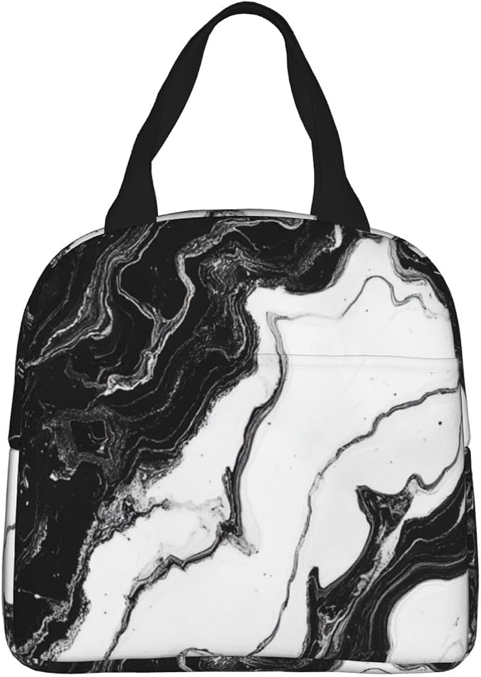 Insulated Lunch Bag Marble Black White Liquid Abstract, Leakproof Lunch Tote for Work School, Reusable Lunch Box Cooler for Adults Students, Compact Lunch Bag for Office College Picnic