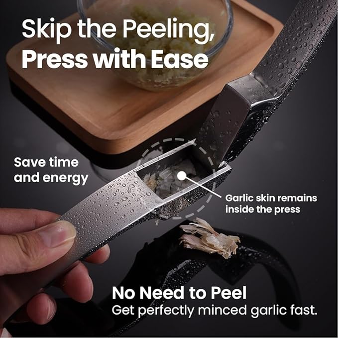 No Peeling Required Garlic Press Stainless Steel with Detachable Handle for Coarse Mincing - Premium Garlic Mincer Tool, Rust-Proof, Easy to Clean, Dishwasher Safe Garlic Crusher, Lifetime Replacement