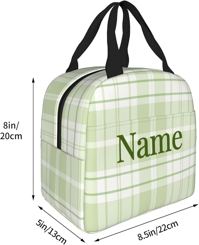 Custom Lunch Bag Pastel Green Buffalo Check Plaid Personalized Insulated Lunch Box with Name Reusable Cooler Tote for Adults Student Girl Boy Work Office School Picnic Over 3 Years Old