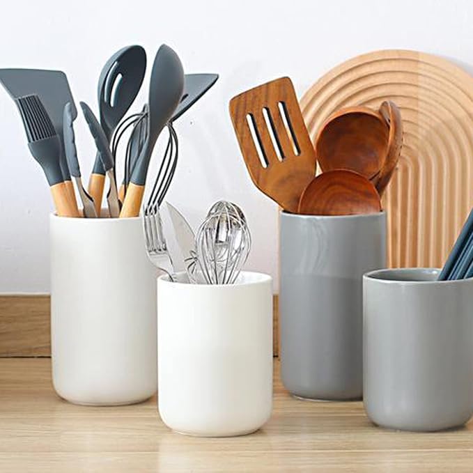 Large Ceramic Utensil Holder for Countertop,Kitchen Utensil Holder with Bamboo Wooden Base,Cooking Utensil Holder,Easy to Clean,Tool Crock,Kitchen Tool Holder for Spatulas and