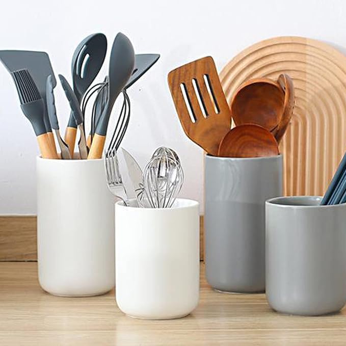 Ceramic Utensil Holder, Black Kitchen Utensil Holder for Countertop Large Utensil Crock Modern Cooking Utentsils Holder Kitchen Spatula Holder Farmhouse Kitchen Decor for Counter Organizer(Black/L)