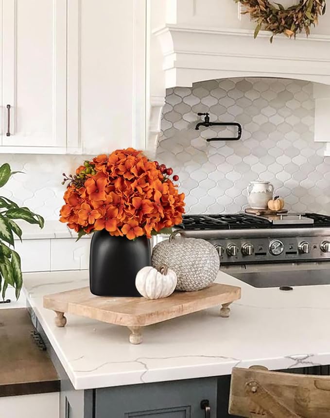 Briful Autumn Hydrangea Artificial Flowers in Black Square Ceramic Pot, Burnt Orange Silk Hydrangea Flowers Realistic Potted Fake Flowers with Berries for Home Decor Indoor Wedding Table Centerpieces