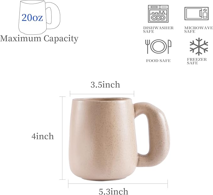 Uaral Large Coffee Mugs Cream Stoneware Mug Set with Jumbo Handle for Cocoa,Milk,Latte or Tea,Handmade Free-Form Edge Design,20oz,Set of 2, (Cream)