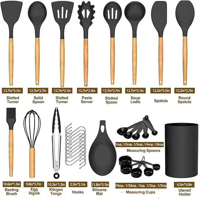 33PCS Silicone Kitchen Utensil Set, Heat Resistant Nonstick Cooking Utensils with Wooden Handles, BPA-Free Kitchen Tools Set (Black)