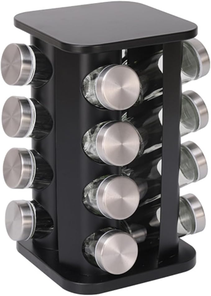 Spice Rack, Rotating Countertop Spice Rack Organizer, 16 Jars, Black, Stainless Steel