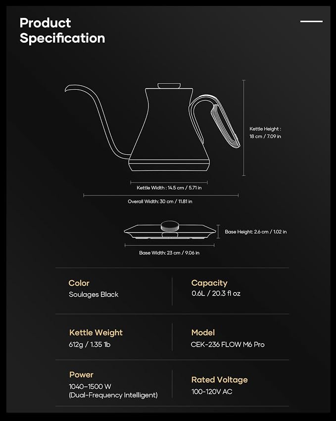 Cocinare Gooseneck Electric Kettle, ±0.5°F Precision Temperature Control for Pour-Over Coffee & Tea, 0.6L, Master Soulages Black Collection