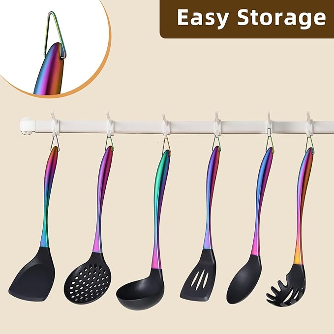 Silicone Cooking Utensil Set,6 pcs Silicone Cooking Kitchen Utensils Set,Non-stick Kitchen Cookware Titanium Stainless Steel Handle with Utensil Holder,Spatula Set for Cooking-Rainbow Color