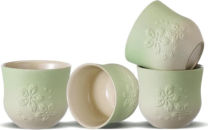 ZENS Japanese Tea Cups Set of 4 – 210ml Ceramic Tea Cups, Gradient Green Glaze, Embossed Design – Handleless Matcha & Gongfu Cups, Traditional Asian Style
