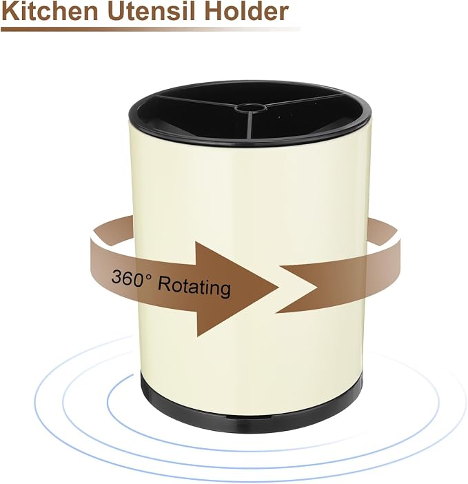 uxcell Kitchen Utensil Holder, Stainless Steel 360° Rotating Cylinder Partition Storage Cooking Utensil Holder 3 Compartment 6.3" Caddy Flatware Countertop Organizer, Beige