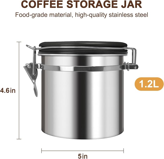 1.2L Airtight Vacuum Coffee Canister, Stainless Steel Storage Container for Coffee Beans and Grounds with Scoop.Suitable for coffee powder, coffee beans, rice, tea leaves, sugar, flour, and grains
