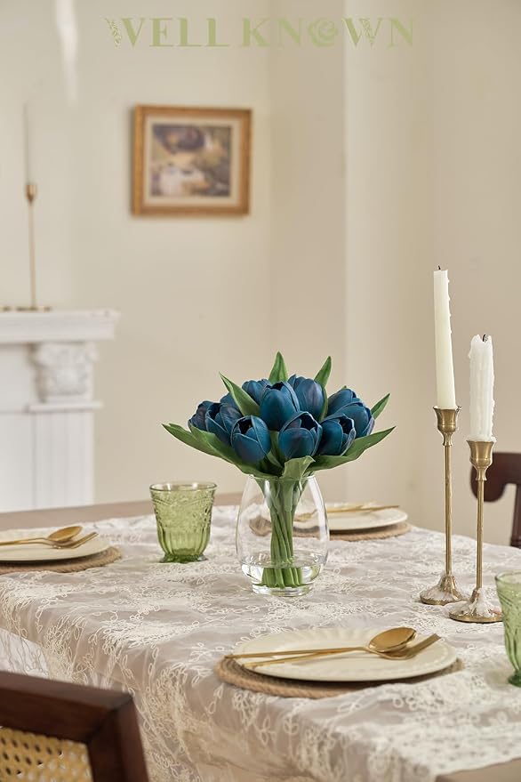 WELL KNOWN 12 Pcs Fake Tulips Artificial Flowers in Vase with Faux Water, Foam Tulip Flower Arrangement with Vase for Home Office Decor, Dining Table Wedding Centerpiece & Mom's Gift (Peacock Blue)